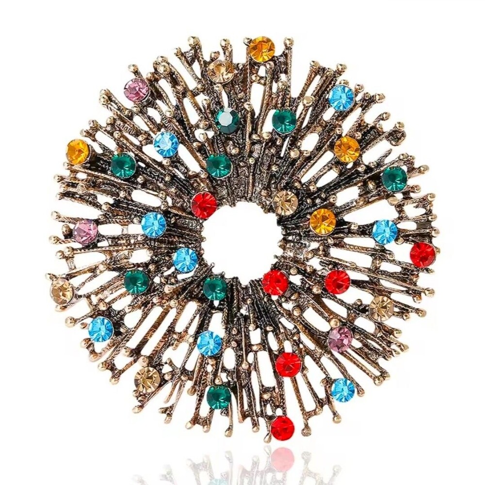 VINTAGE STYLE Starburst Abstract Brooch Pin Multi-Color Rhinestones Gold Tone